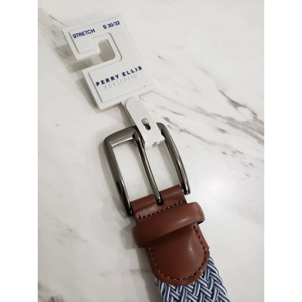 NEW Perry Ellis Portfolio Men Blue Stretch Woven Belt Golf Preppy Chambray 30-32
